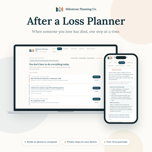 After a Loss Planner by Milestone Planning Co., shown on a laptop and phone