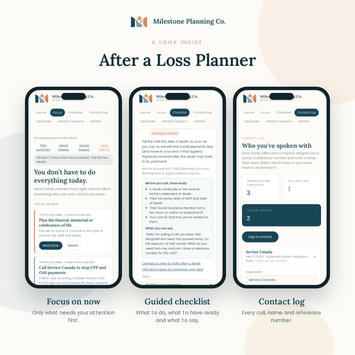 A look inside the After a Loss Planner: three screens from the planner on a phone