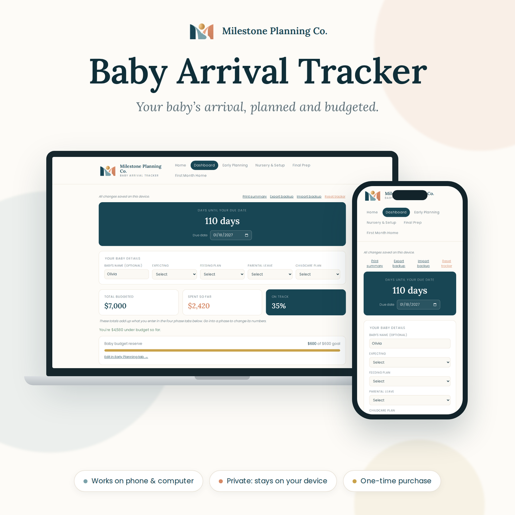Baby Arrival Tracker by Milestone Planning Co., shown on a laptop and phone