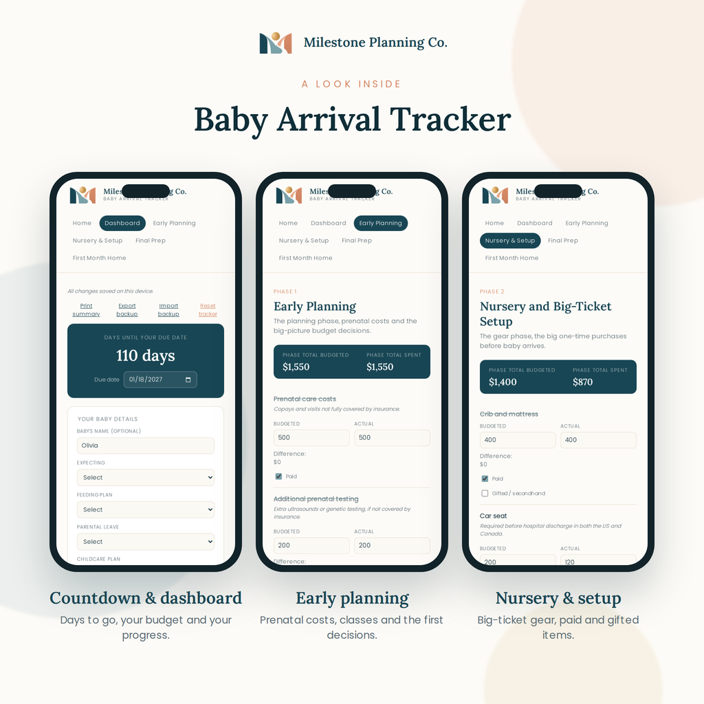 A look inside the Baby Arrival Tracker: three screens from the planner on a phone