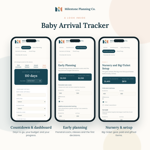 A look inside the Baby Arrival Tracker: three screens from the planner on a phone