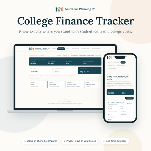 College Finance Tracker by Milestone Planning Co., shown on a laptop and phone