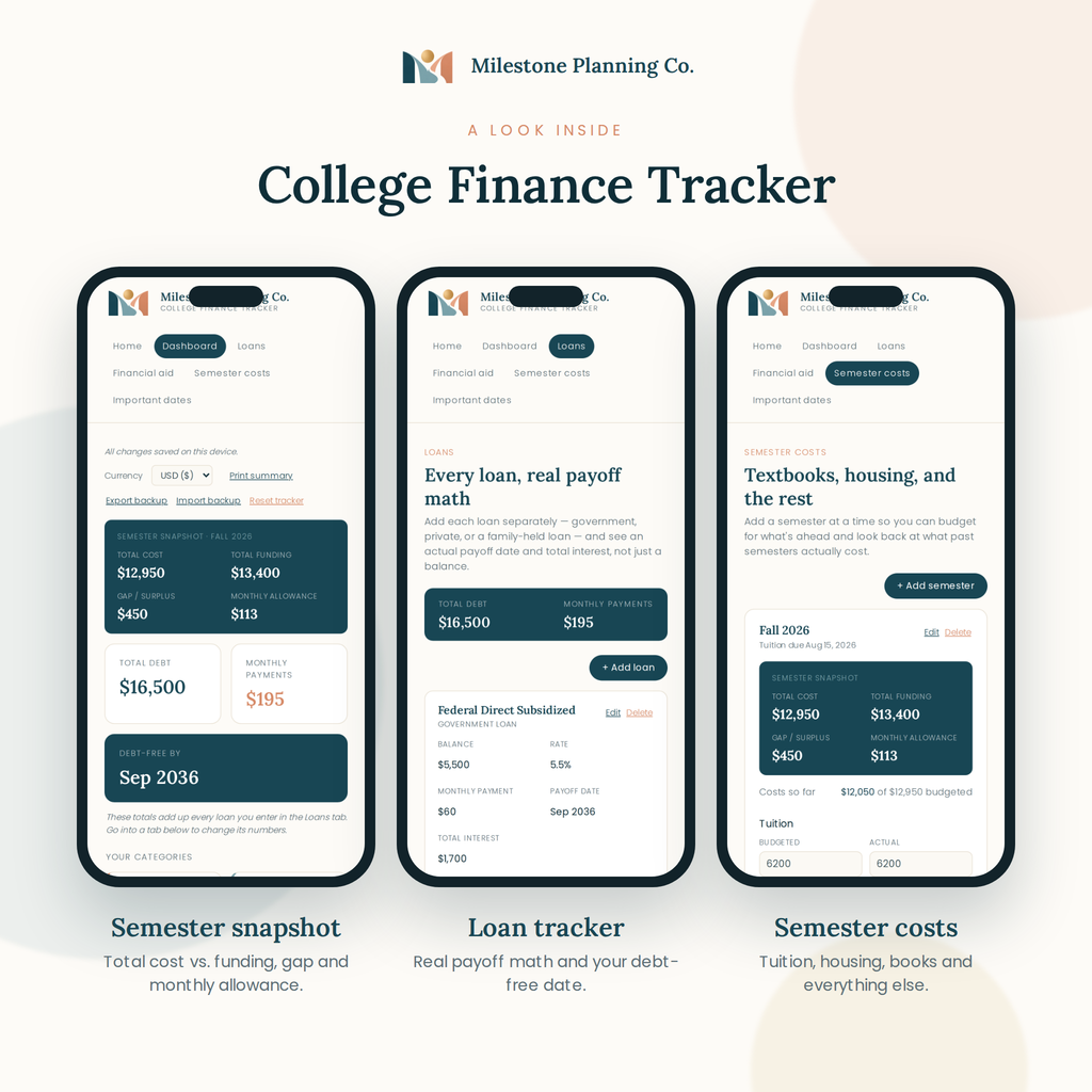 A look inside the College Finance Tracker: three screens from the planner on a phone
