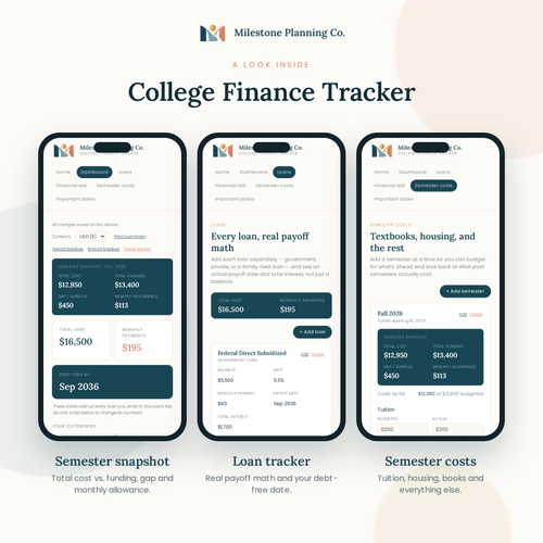 A look inside the College Finance Tracker: three screens from the planner on a phone