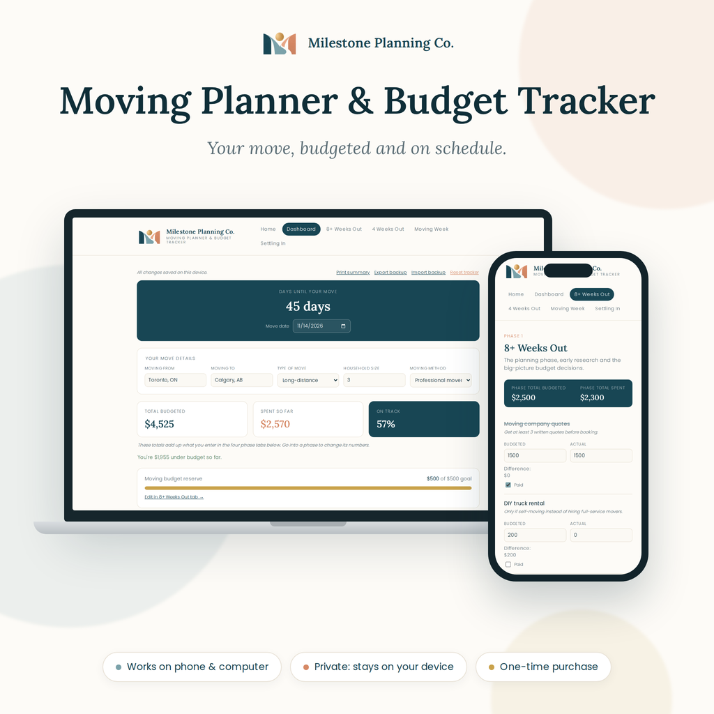 Moving Planner & Budget Tracker by Milestone Planning Co., shown on a laptop and phone