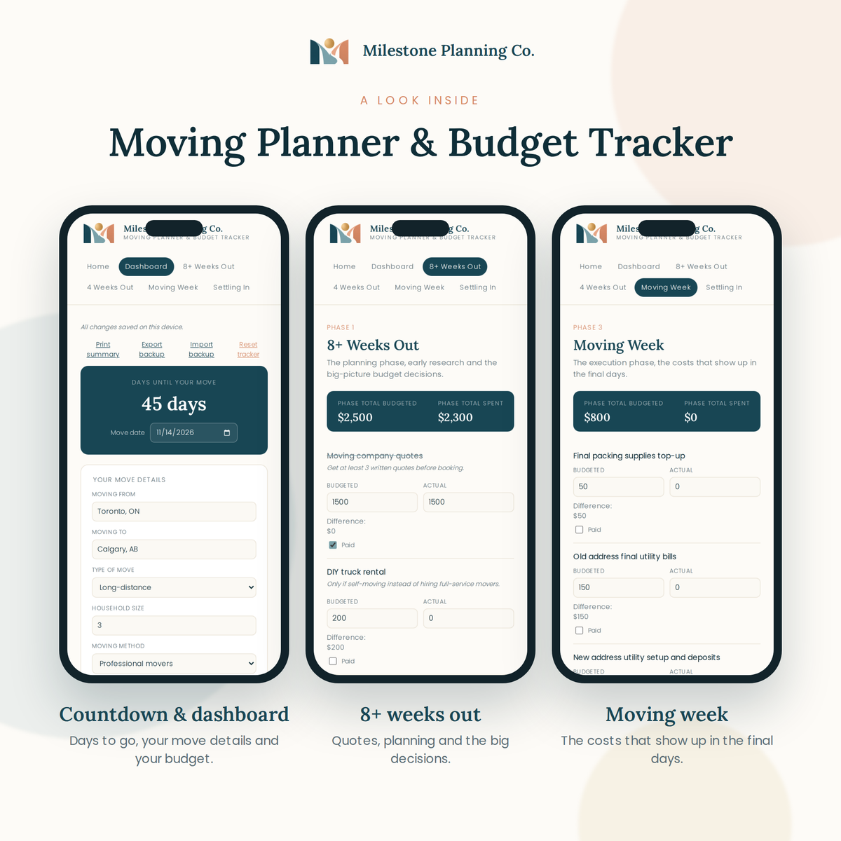 A look inside the Moving Planner & Budget Tracker: three screens from the planner on a phone
