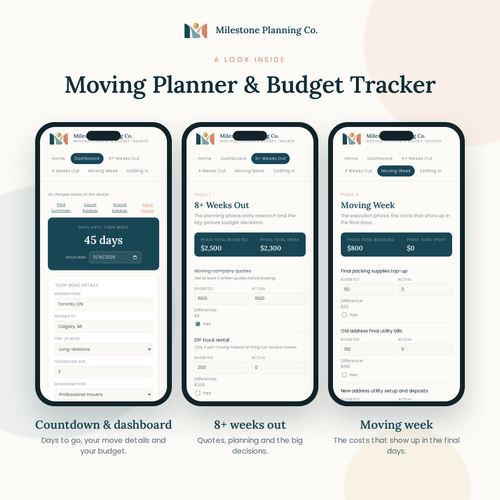 A look inside the Moving Planner & Budget Tracker: three screens from the planner on a phone