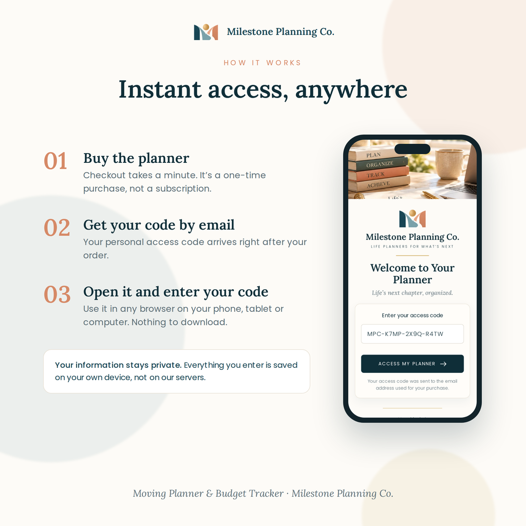 How the Moving Planner & Budget Tracker works: buy, get your access code by email, open it in any browser