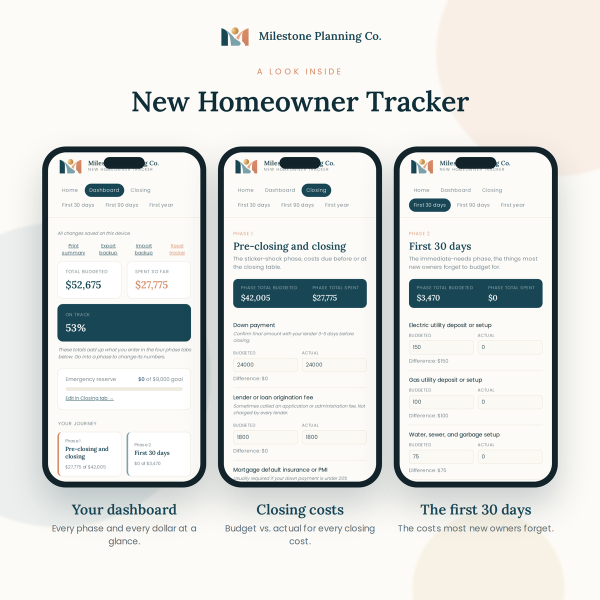 A look inside the New Homeowner Tracker: three screens from the planner on a phone